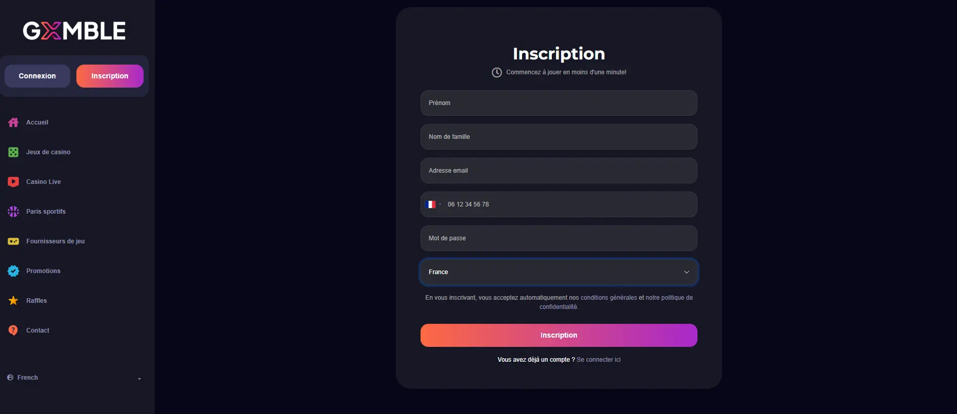 Inscription et connexion à Gxmble casino